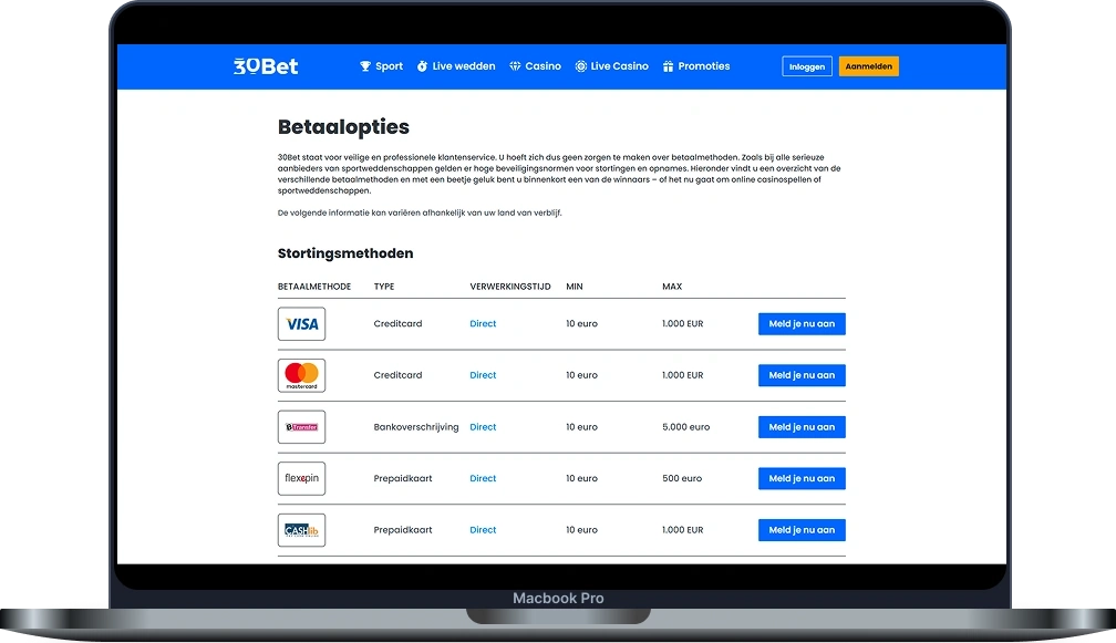 30bet Casino Stortingen en Opnames